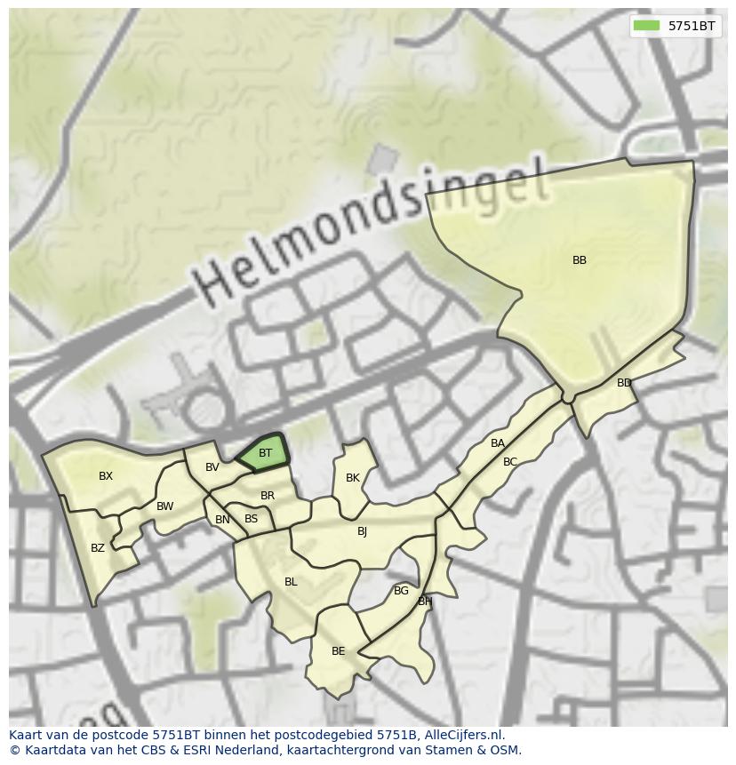 Afbeelding van het postcodegebied 5751 BT op de kaart.