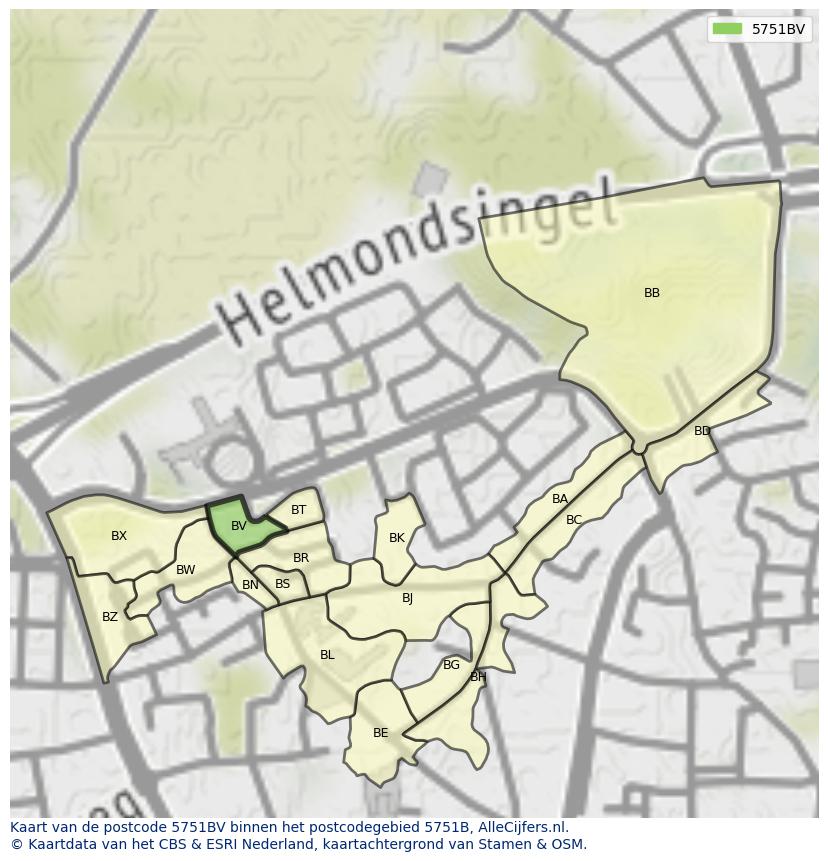 Afbeelding van het postcodegebied 5751 BV op de kaart.