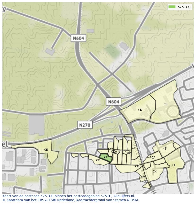Afbeelding van het postcodegebied 5751 CC op de kaart.