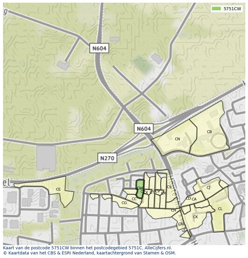 Afbeelding van het postcodegebied 5751 CW op de kaart.