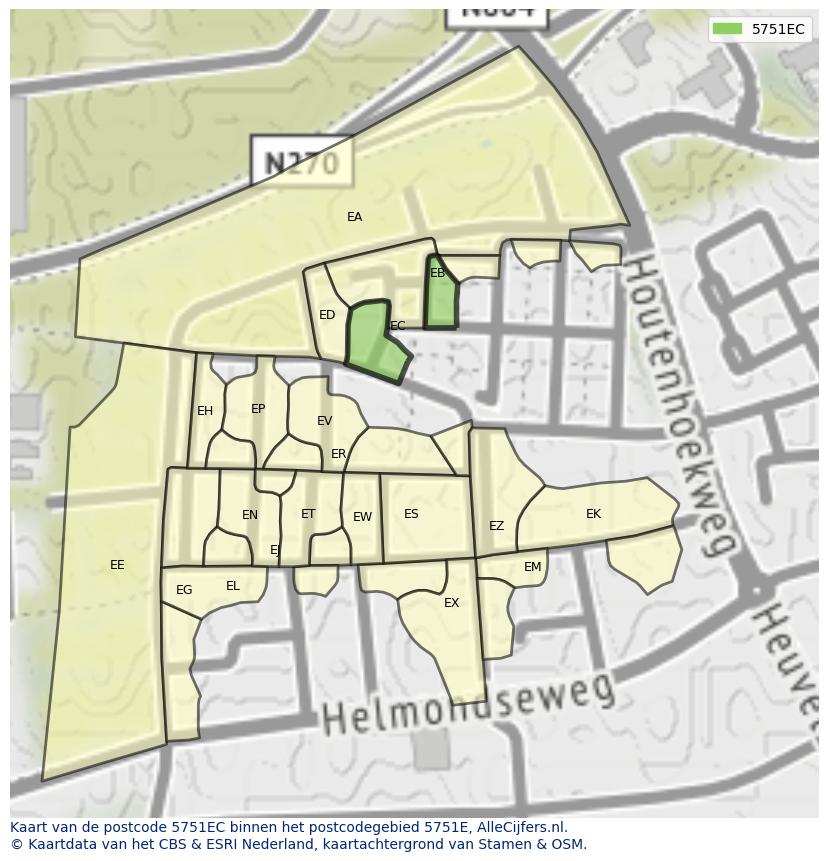 Afbeelding van het postcodegebied 5751 EC op de kaart.
