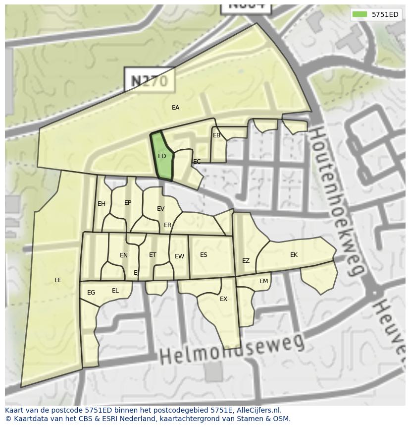 Afbeelding van het postcodegebied 5751 ED op de kaart.