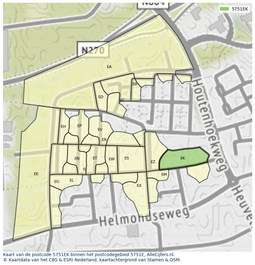 Afbeelding van het postcodegebied 5751 EK op de kaart.
