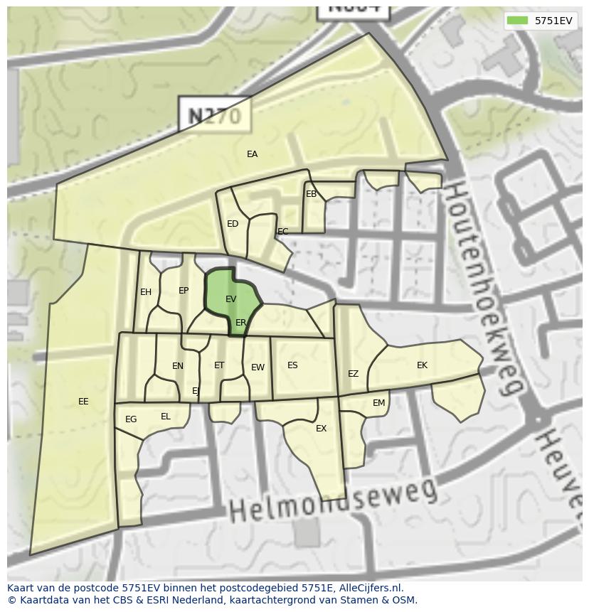 Afbeelding van het postcodegebied 5751 EV op de kaart.