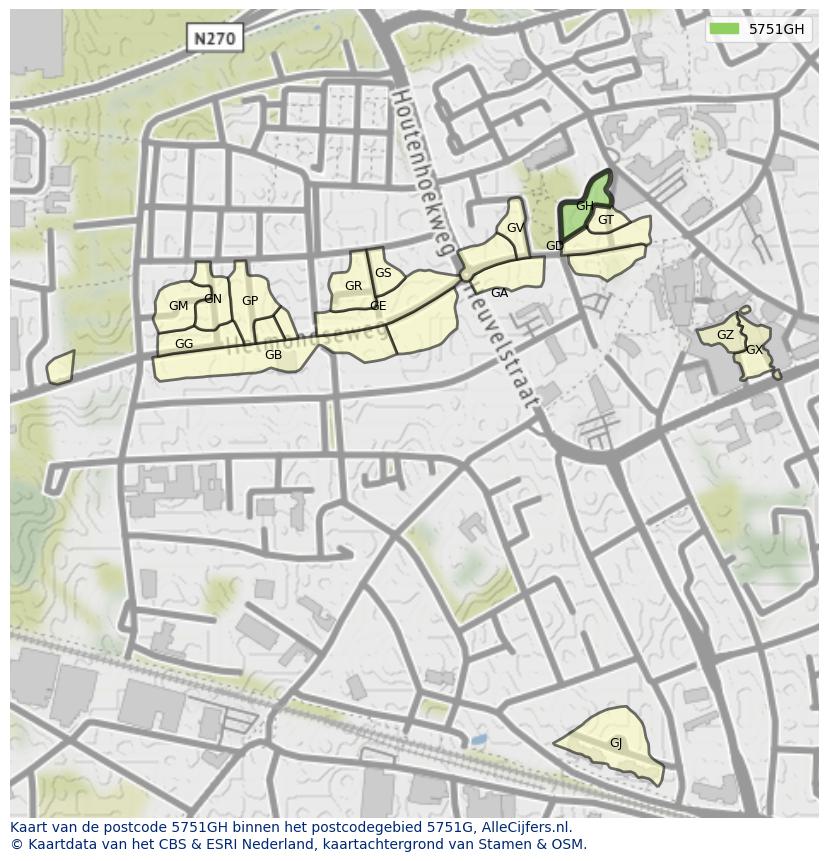 Afbeelding van het postcodegebied 5751 GH op de kaart.