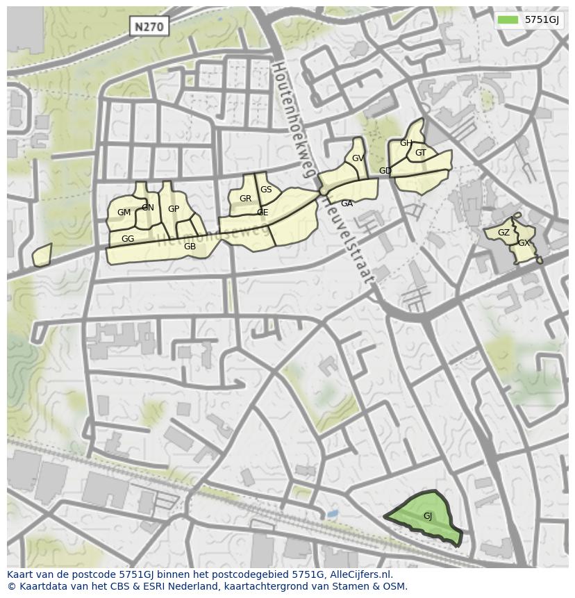 Afbeelding van het postcodegebied 5751 GJ op de kaart.