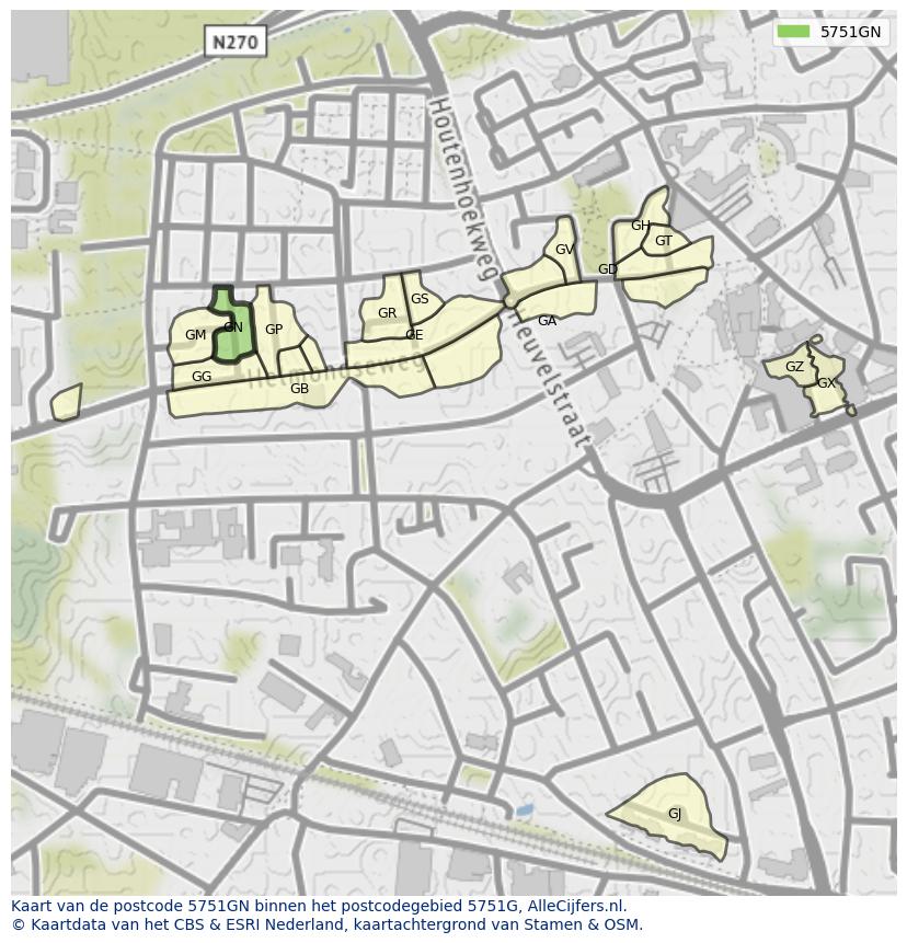 Afbeelding van het postcodegebied 5751 GN op de kaart.