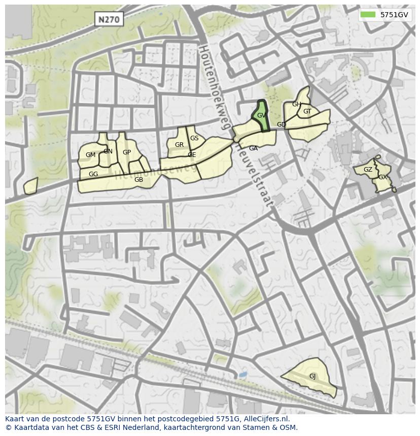 Afbeelding van het postcodegebied 5751 GV op de kaart.