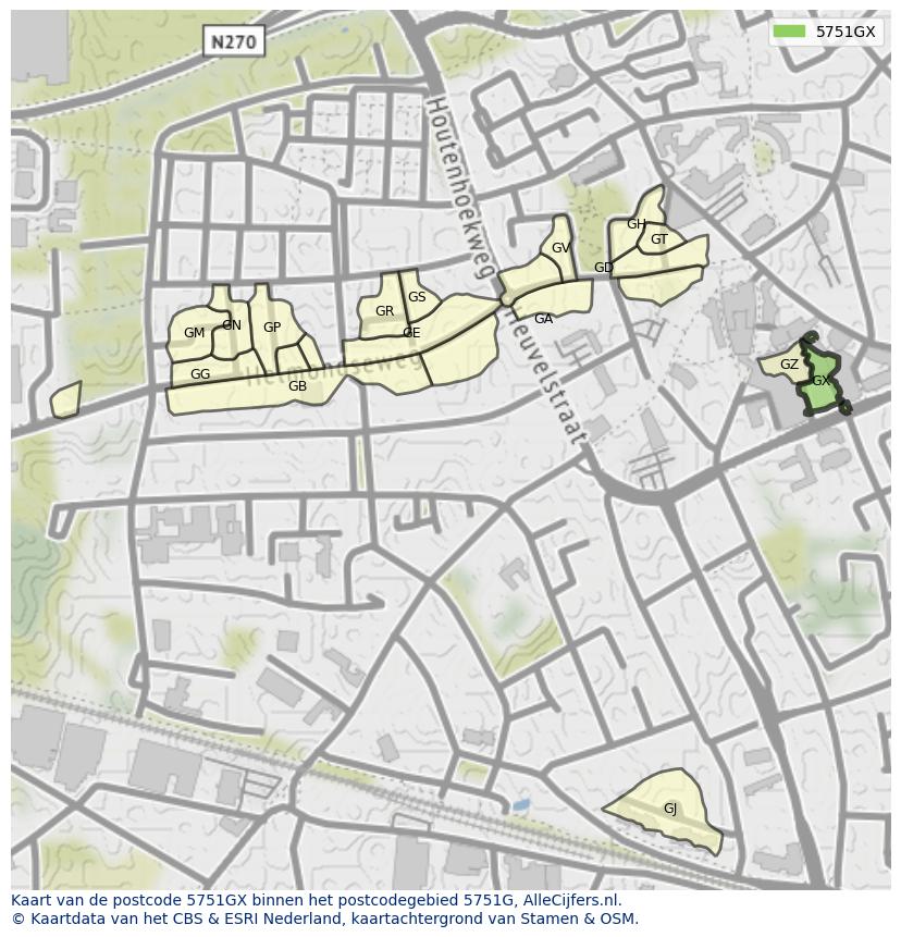 Afbeelding van het postcodegebied 5751 GX op de kaart.