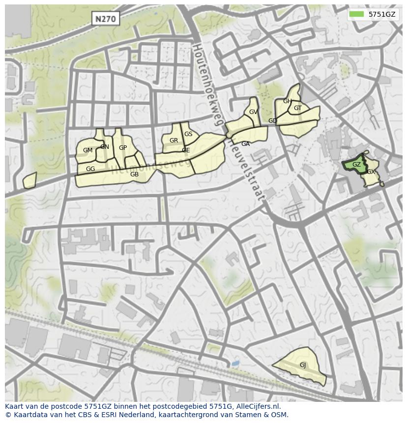 Afbeelding van het postcodegebied 5751 GZ op de kaart.