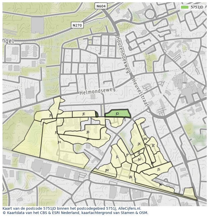 Afbeelding van het postcodegebied 5751 JD op de kaart.