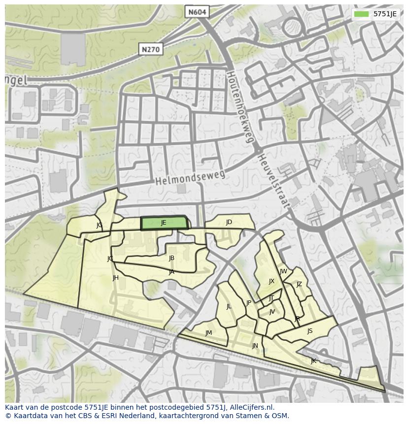 Afbeelding van het postcodegebied 5751 JE op de kaart.