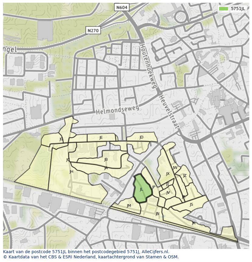 Afbeelding van het postcodegebied 5751 JL op de kaart.