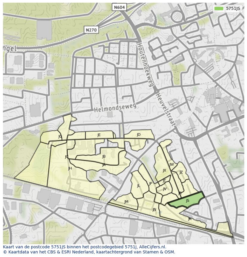 Afbeelding van het postcodegebied 5751 JS op de kaart.