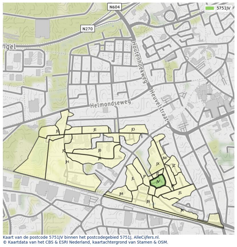 Afbeelding van het postcodegebied 5751 JV op de kaart.