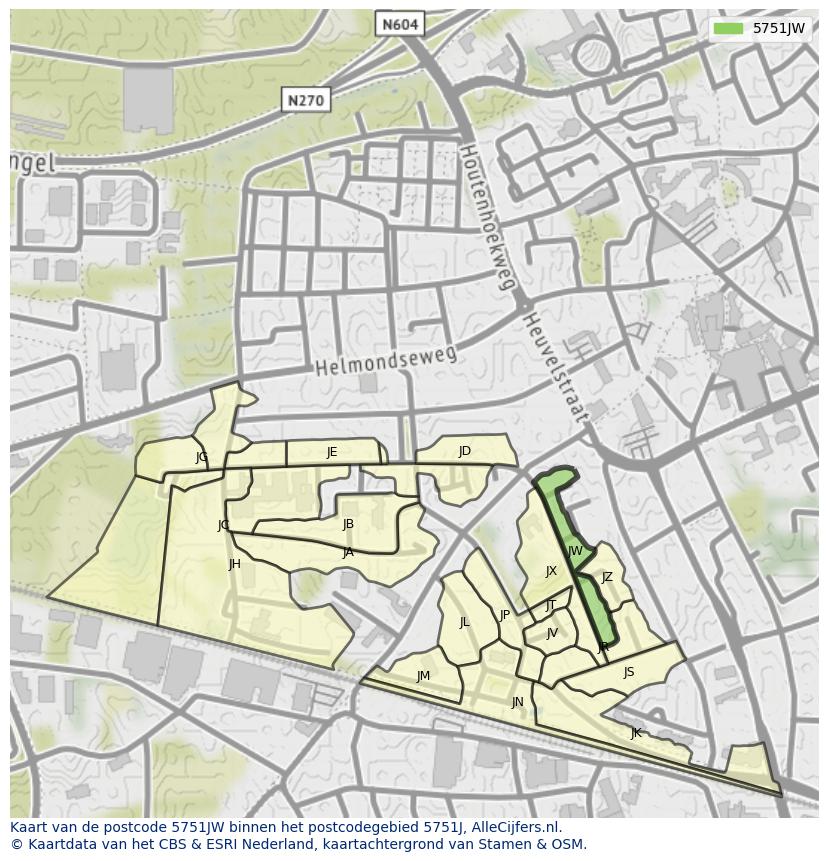 Afbeelding van het postcodegebied 5751 JW op de kaart.