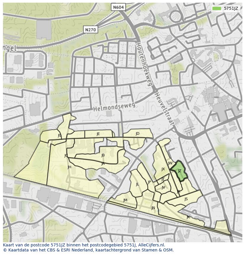 Afbeelding van het postcodegebied 5751 JZ op de kaart.