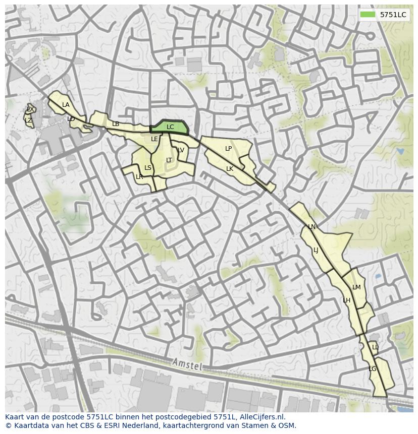 Afbeelding van het postcodegebied 5751 LC op de kaart.