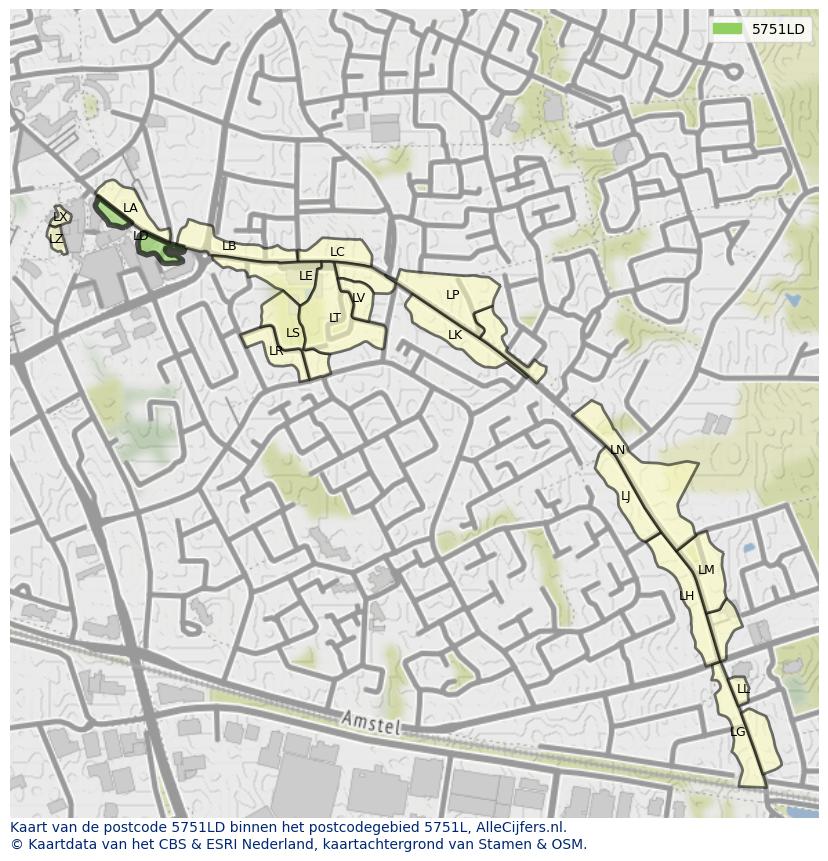 Afbeelding van het postcodegebied 5751 LD op de kaart.