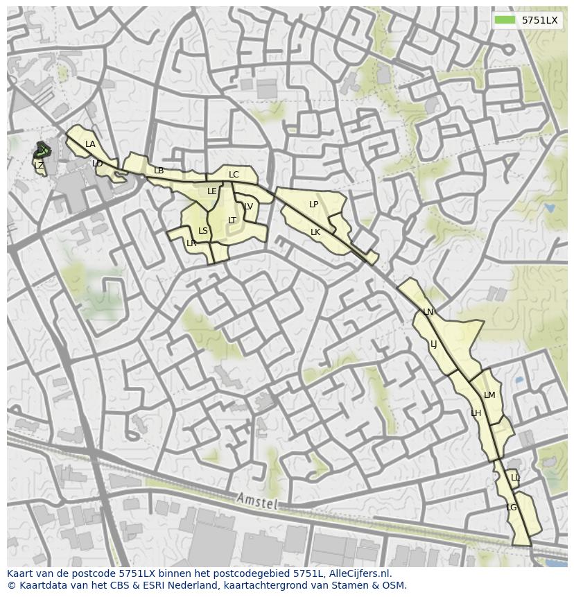 Afbeelding van het postcodegebied 5751 LX op de kaart.