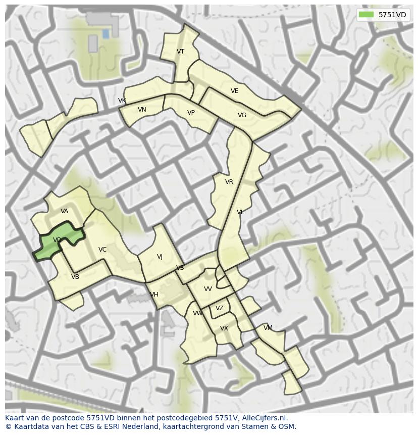 Afbeelding van het postcodegebied 5751 VD op de kaart.