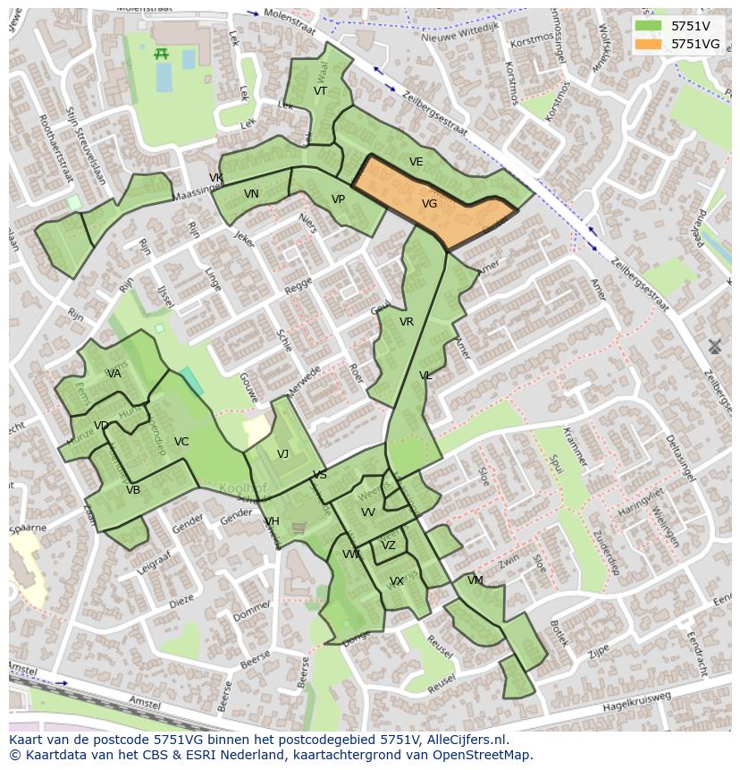 Afbeelding van het postcodegebied 5751 VG op de kaart.