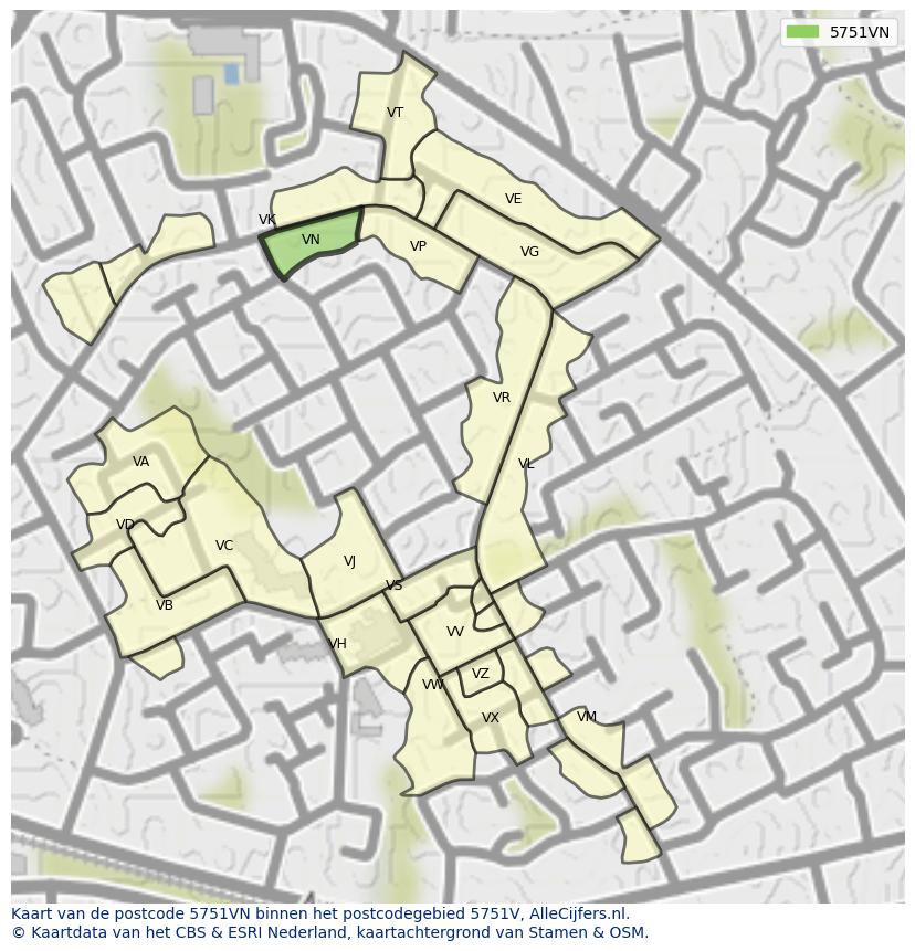Afbeelding van het postcodegebied 5751 VN op de kaart.