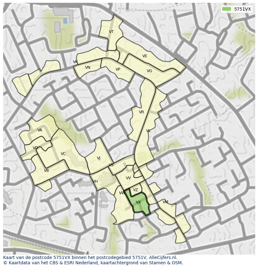 Afbeelding van het postcodegebied 5751 VX op de kaart.