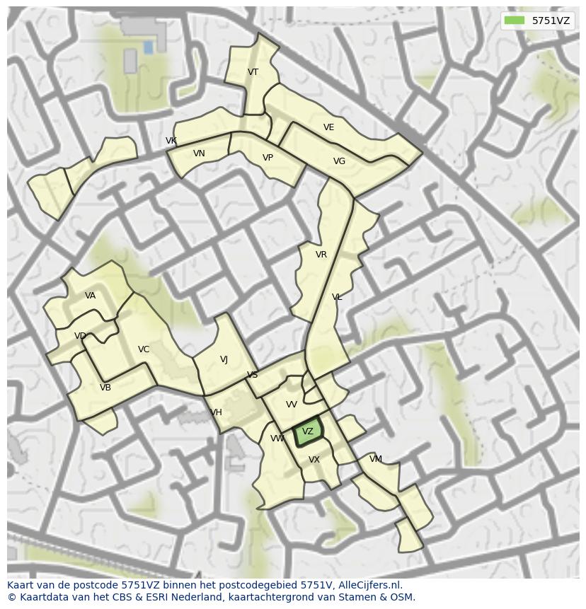 Afbeelding van het postcodegebied 5751 VZ op de kaart.