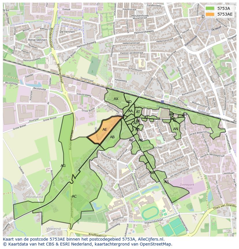 Afbeelding van het postcodegebied 5753 AE op de kaart.