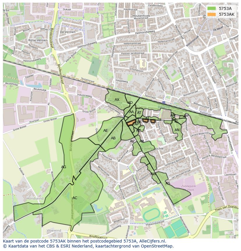 Afbeelding van het postcodegebied 5753 AK op de kaart.