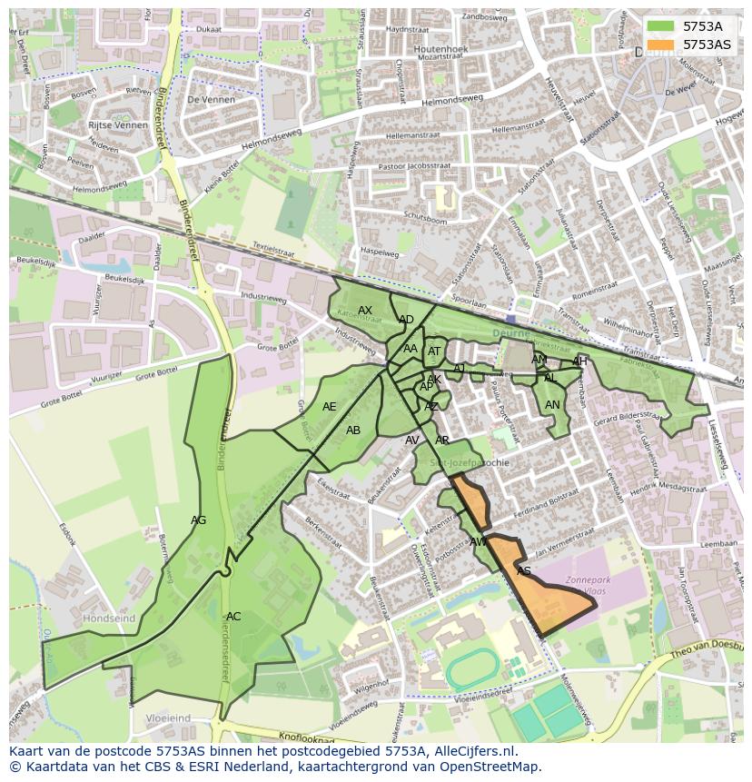 Afbeelding van het postcodegebied 5753 AS op de kaart.