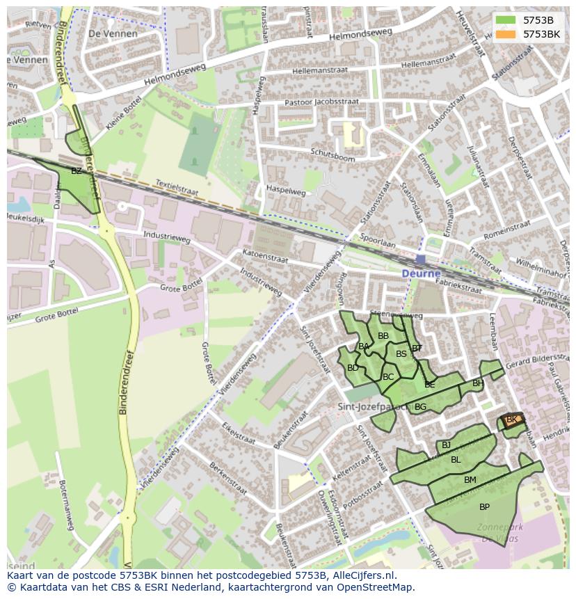 Afbeelding van het postcodegebied 5753 BK op de kaart.