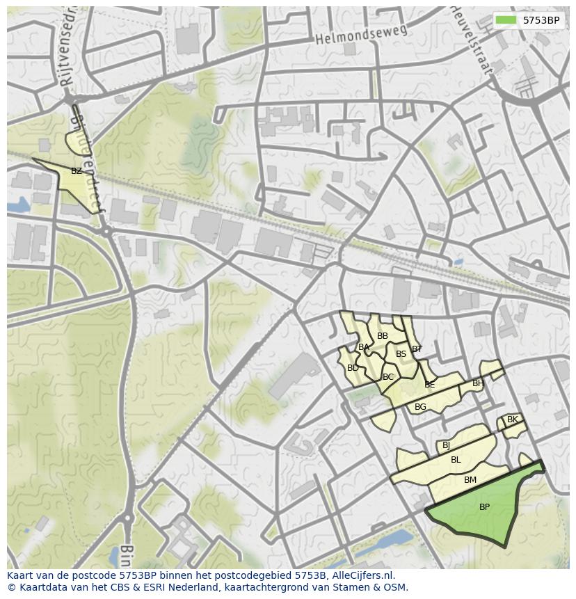 Afbeelding van het postcodegebied 5753 BP op de kaart.