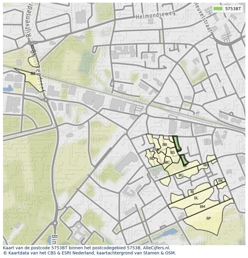 Afbeelding van het postcodegebied 5753 BT op de kaart.