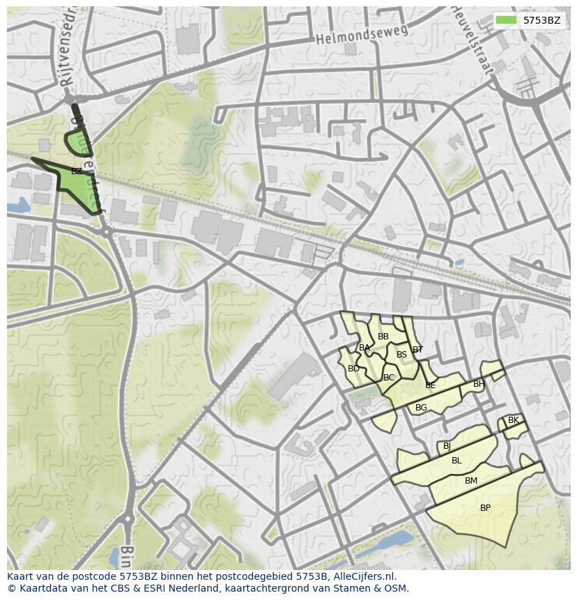 Afbeelding van het postcodegebied 5753 BZ op de kaart.