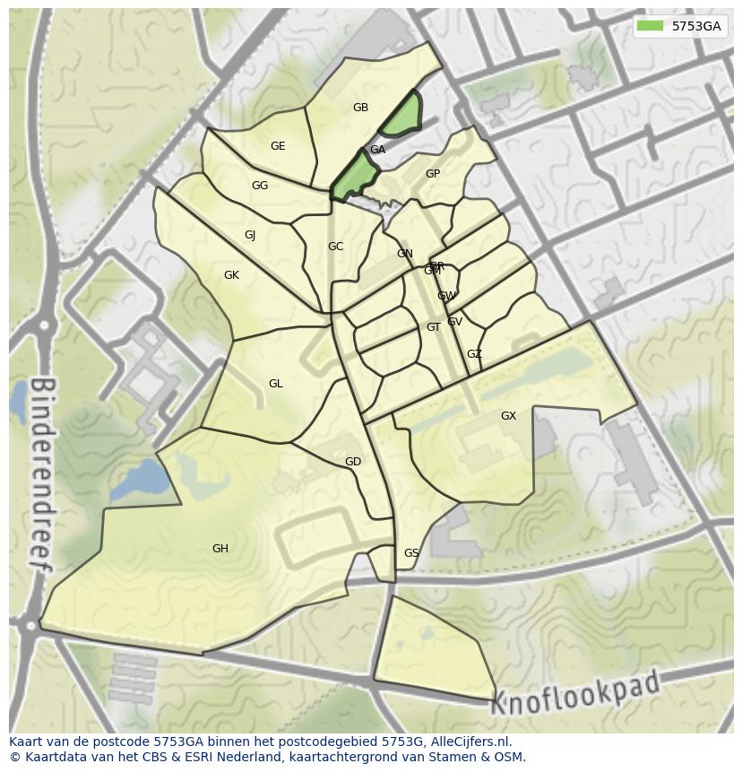 Afbeelding van het postcodegebied 5753 GA op de kaart.