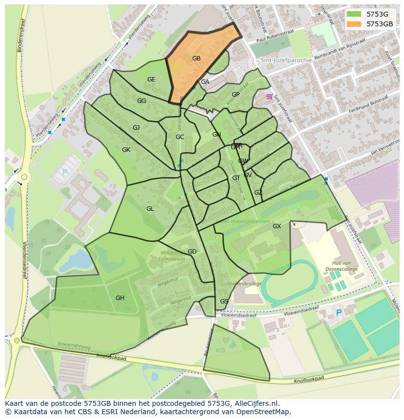 Afbeelding van het postcodegebied 5753 GB op de kaart.