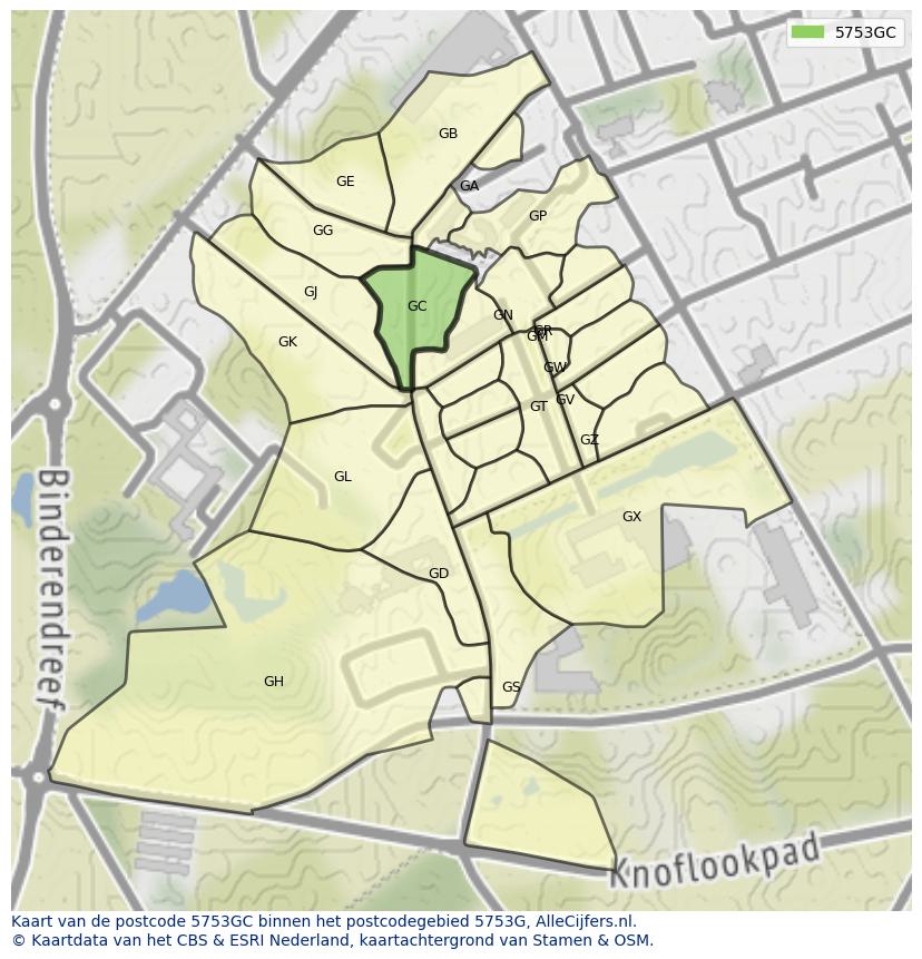 Afbeelding van het postcodegebied 5753 GC op de kaart.