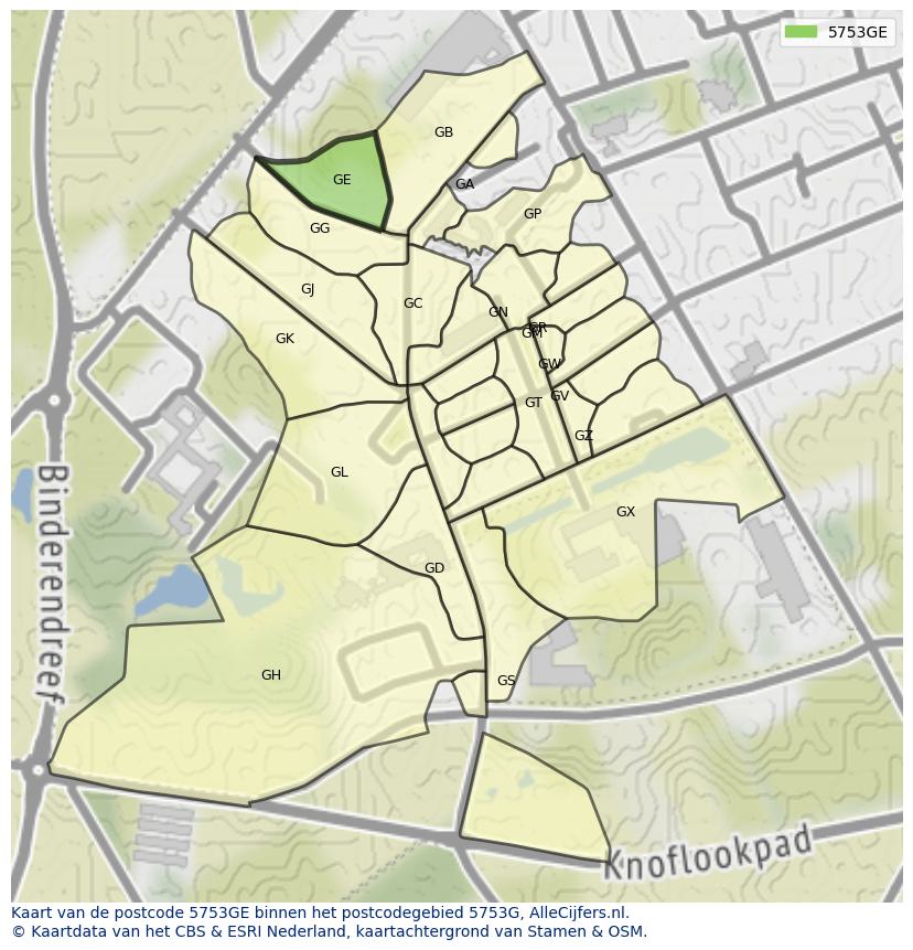 Afbeelding van het postcodegebied 5753 GE op de kaart.