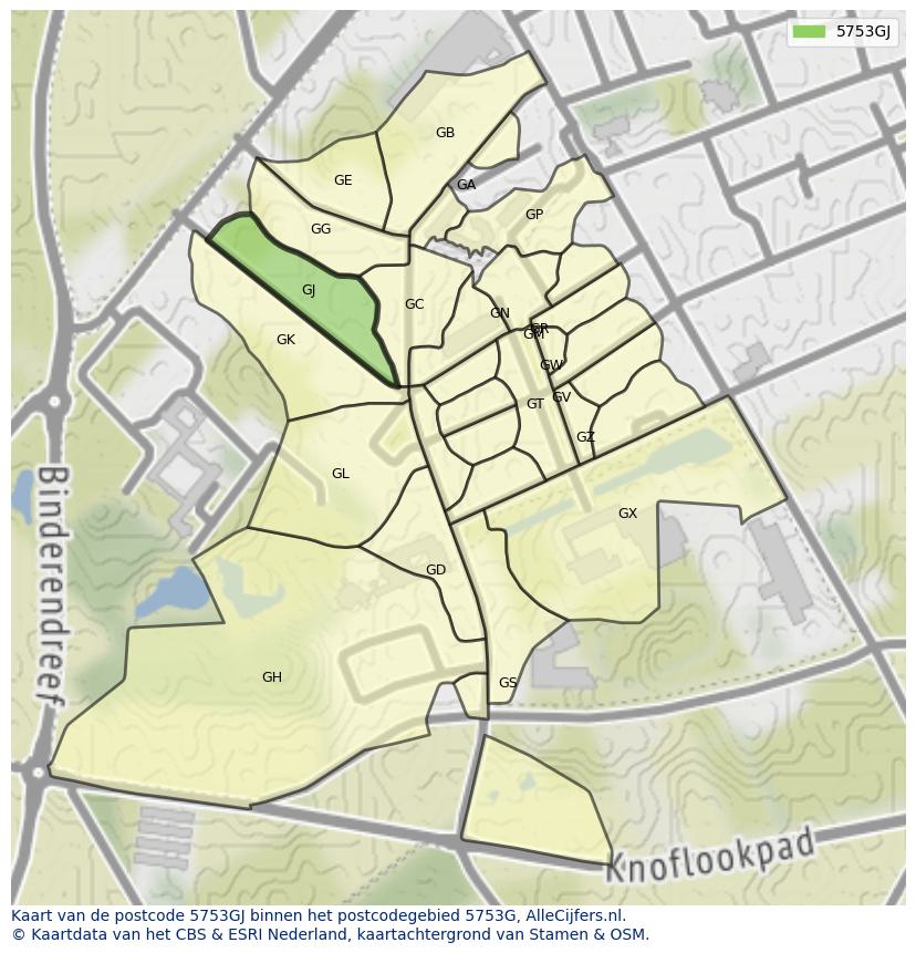 Afbeelding van het postcodegebied 5753 GJ op de kaart.