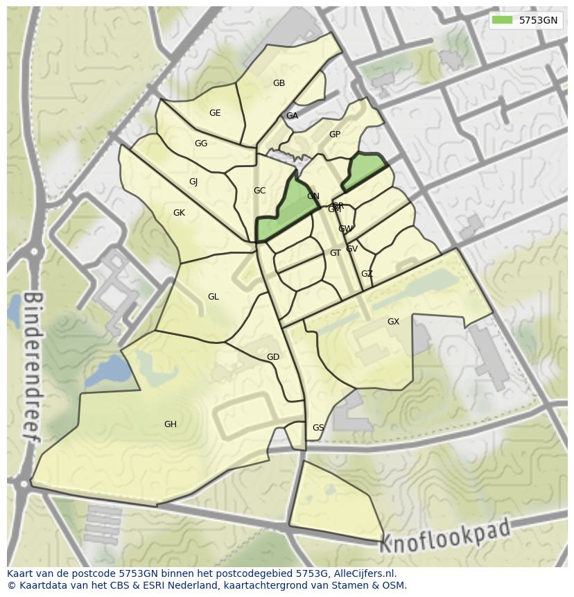 Afbeelding van het postcodegebied 5753 GN op de kaart.