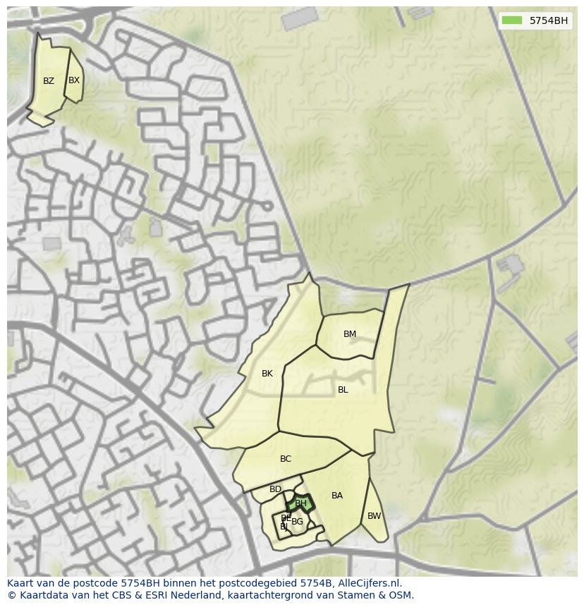 Afbeelding van het postcodegebied 5754 BH op de kaart.
