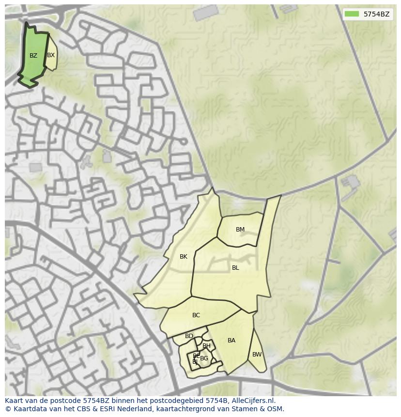 Afbeelding van het postcodegebied 5754 BZ op de kaart.