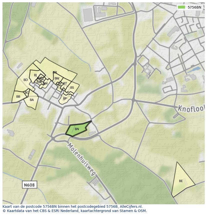 Afbeelding van het postcodegebied 5756 BN op de kaart.