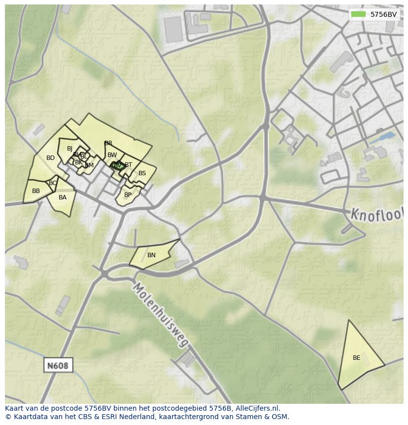 Afbeelding van het postcodegebied 5756 BV op de kaart.