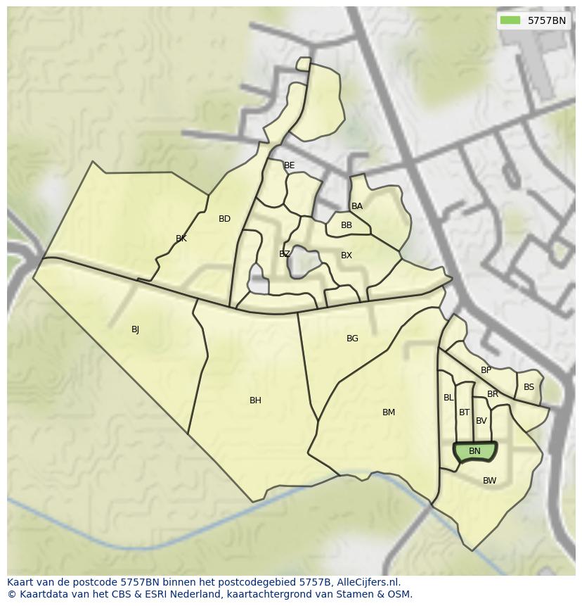Afbeelding van het postcodegebied 5757 BN op de kaart.