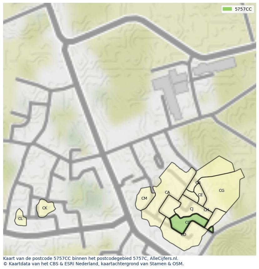 Afbeelding van het postcodegebied 5757 CC op de kaart.