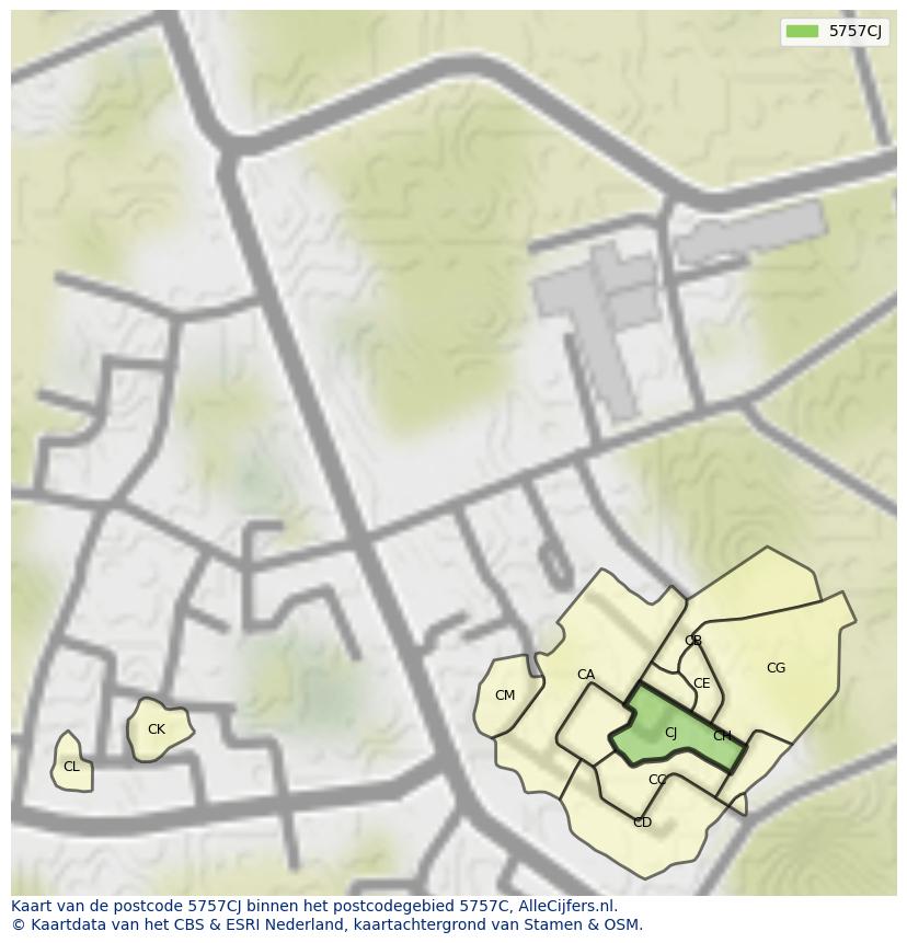 Afbeelding van het postcodegebied 5757 CJ op de kaart.