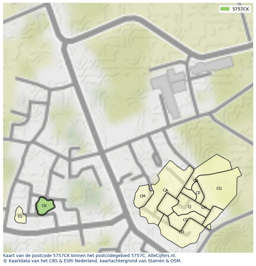 Afbeelding van het postcodegebied 5757 CK op de kaart.